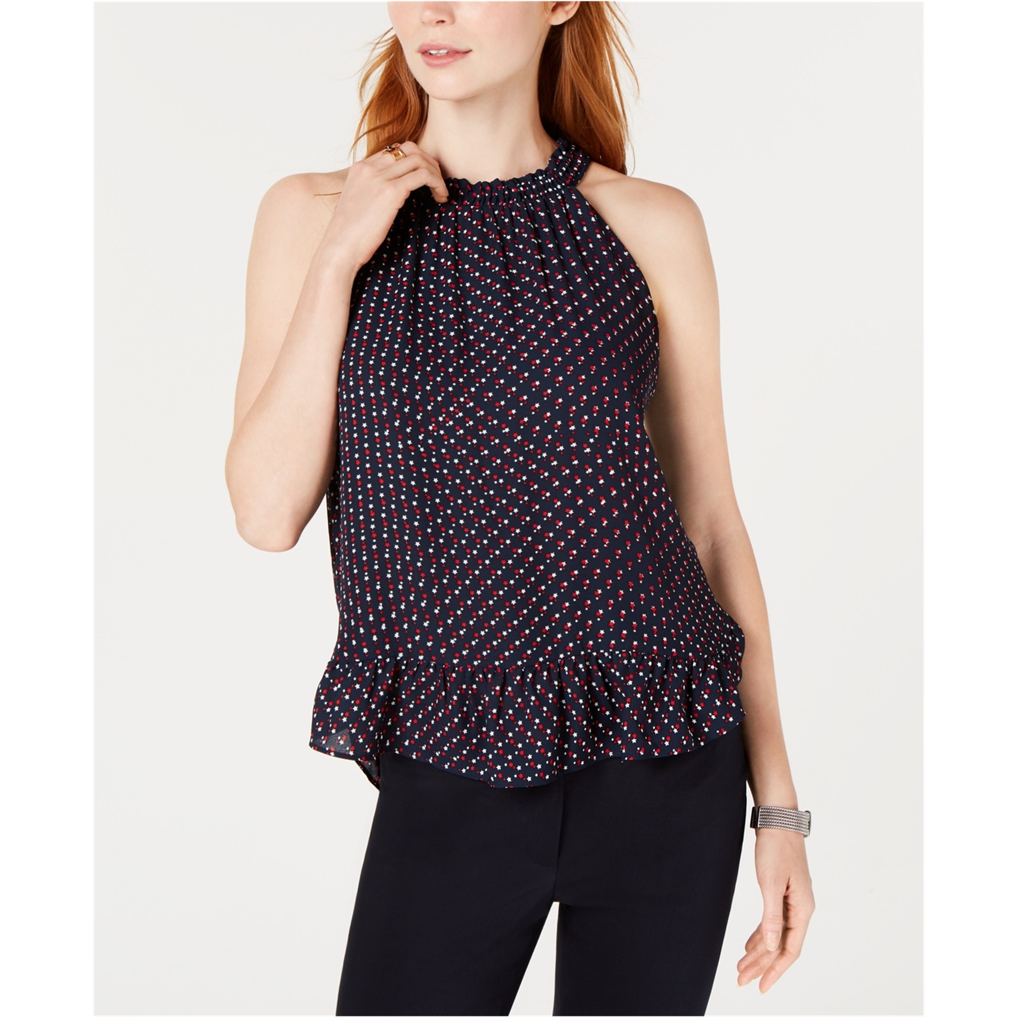 Tommy Hilfiger Womens High Neck Printed Sleeveless Blouse Top, Blue, XX-Large